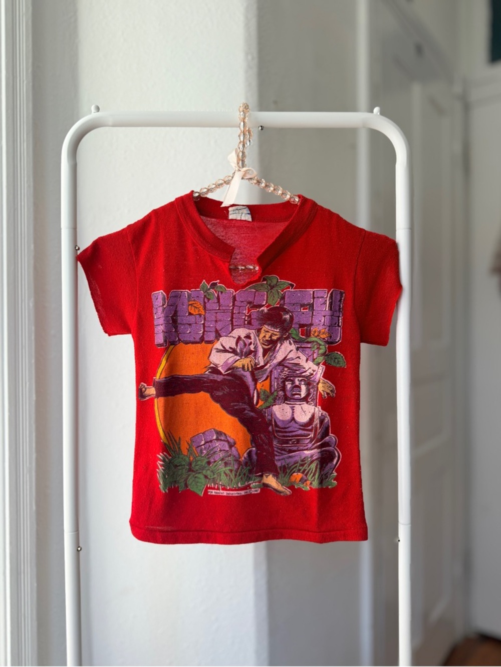 Vintage 80s PCA Apparel red kung-fu graphic tee youth 10 or adult XXS